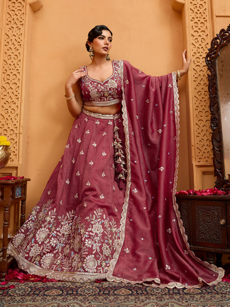 Rose Gold Tissue Lehenga Choli with Sequins, Stones & Thread Embroidery – Full-Flared Semi-Stitched Lehenga with Ethnic Dupatta ClothsVilla