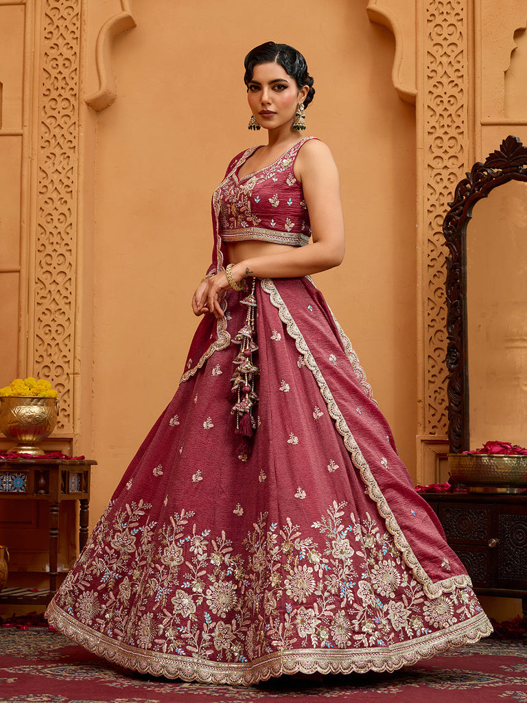Rose Gold Tissue Lehenga Choli with Sequins, Stones & Thread Embroidery – Full-Flared Semi-Stitched Lehenga with Ethnic Dupatta ClothsVilla