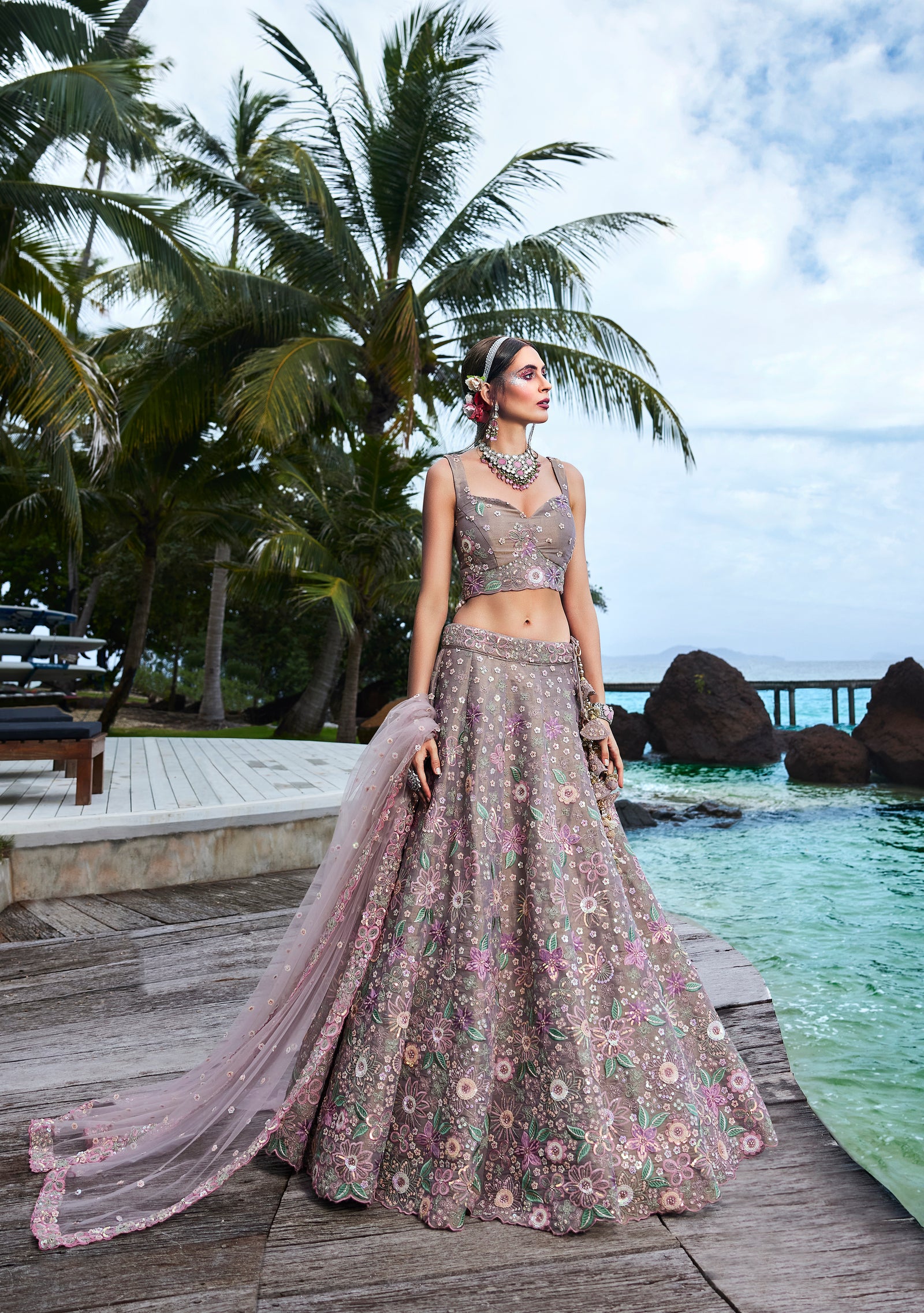 Rose gold Toned Organza Sequins & Zarkan embroidery Semi-Stitched Lehenga choli & Dupatta Clothsvilla