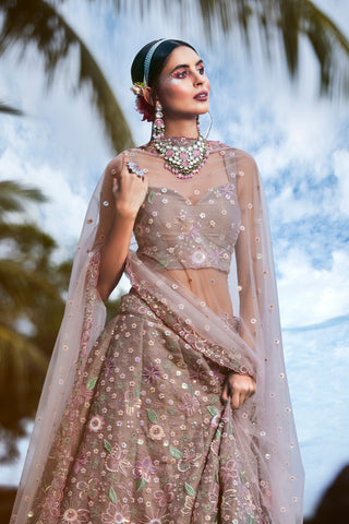 Rose gold Toned Organza Sequins & Zarkan embroidery Semi-Stitched Lehenga choli & Dupatta Clothsvilla