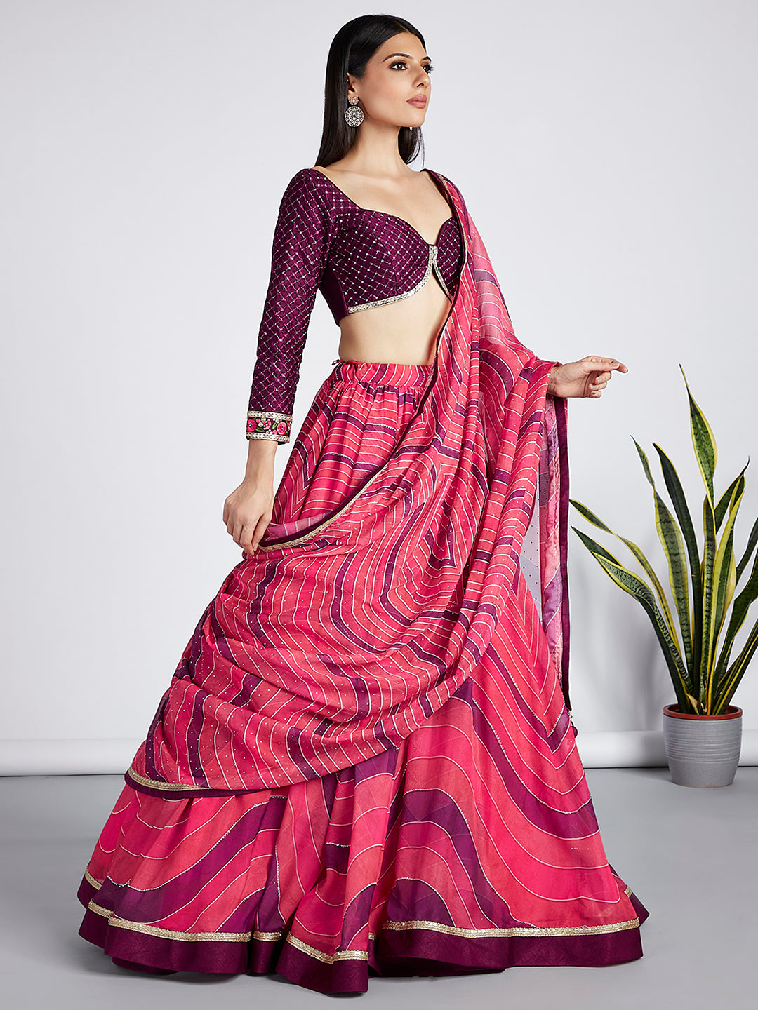 Rose Organza siroski stone work Leheriya print Semi-Stitched Lehenga choli & Dupatta ClothsVilla