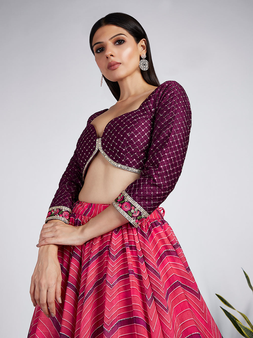 Rose Organza siroski stone work Leheriya print Semi-Stitched Lehenga choli & Dupatta ClothsVilla