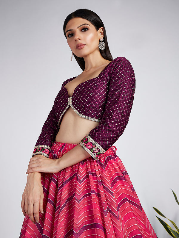Rose Organza siroski stone work Leheriya print Semi-Stitched Lehenga choli & Dupatta ClothsVilla