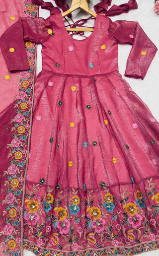 Rose Pink Designer Soft Crunchy Silk Embroidered Gown Set with Sequins Work & Matching Dupatta – Fully Stitched Festive & Party Wear ClothsVilla