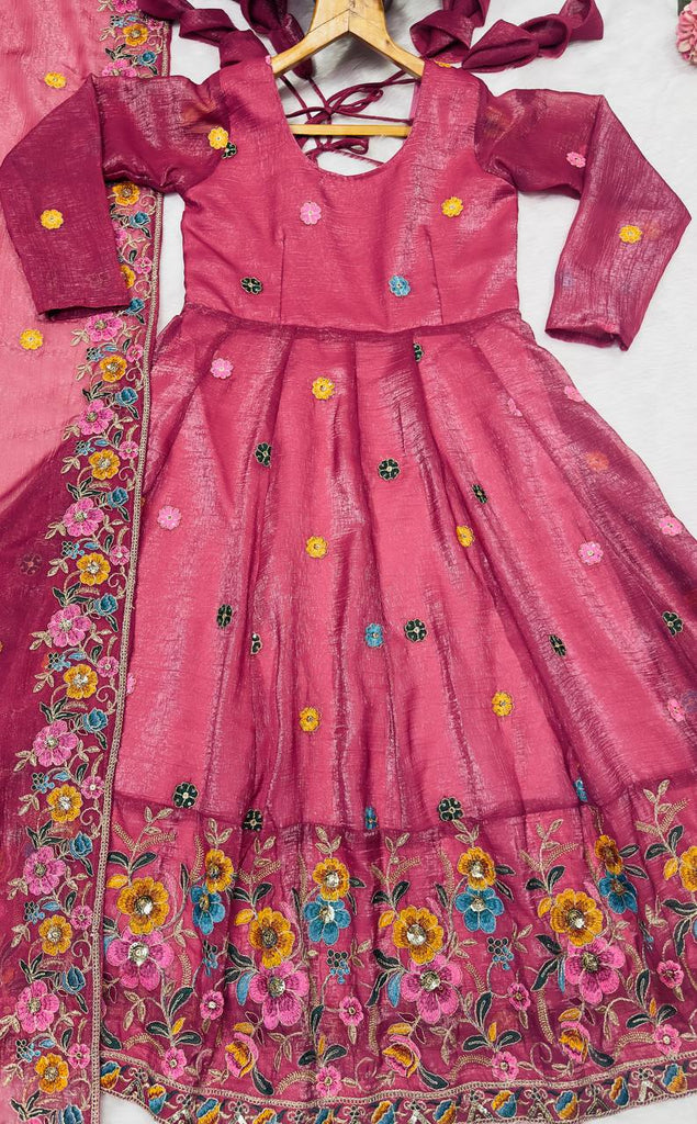 Rose Pink Designer Soft Crunchy Silk Embroidered Gown Set with Sequins Work & Matching Dupatta – Fully Stitched Festive & Party Wear ClothsVilla