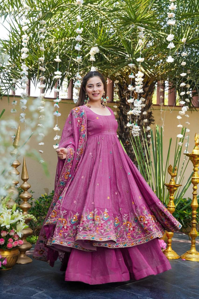 Rose Pink Designer Soft Crunchy Silk Embroidered Gown Set with Sequins Work & Matching Dupatta – Fully Stitched Festive & Party Wear ClothsVilla