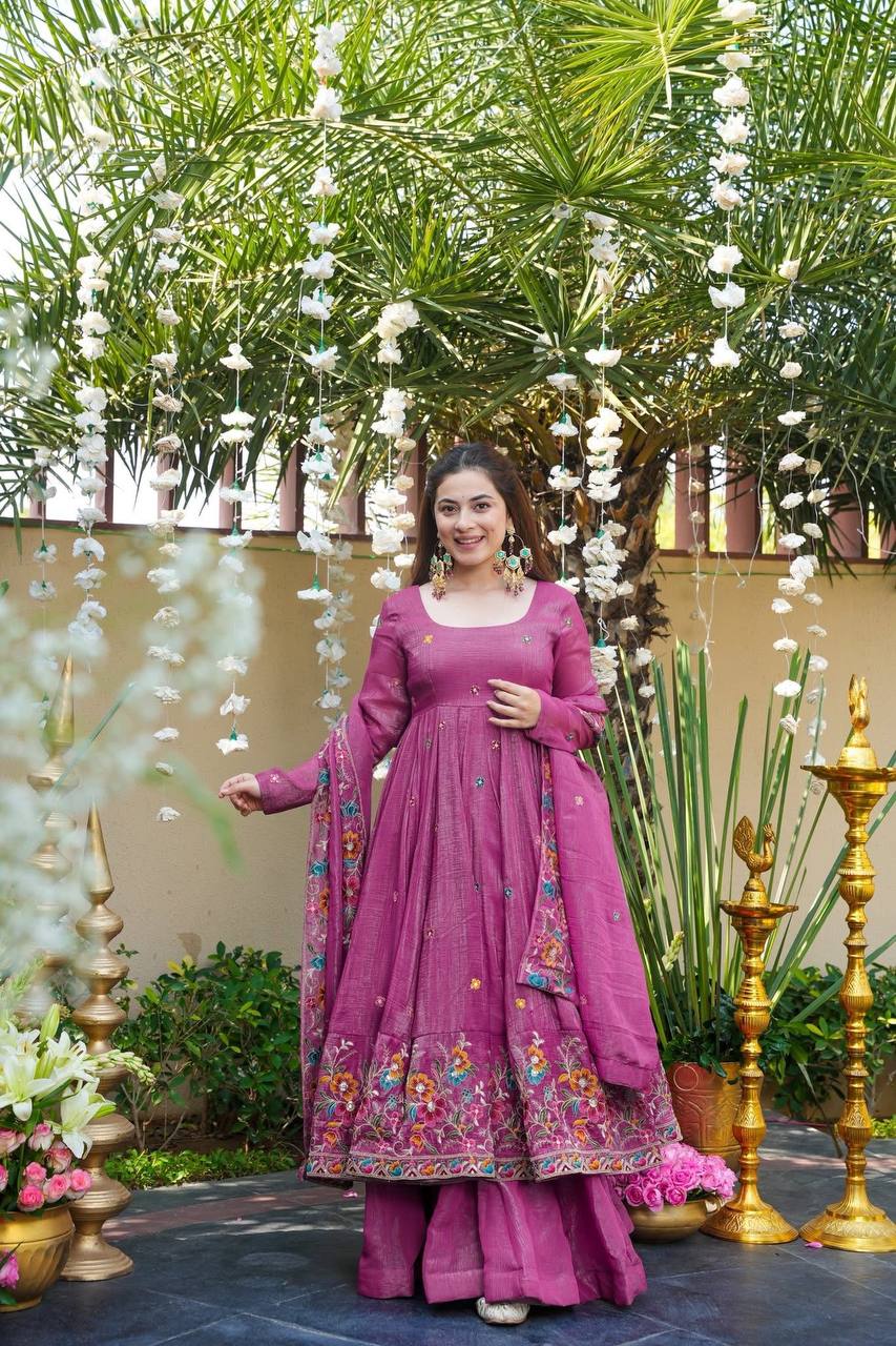 Rose Pink Designer Soft Crunchy Silk Embroidered Gown Set with Sequins Work & Matching Dupatta – Fully Stitched Festive & Party Wear ClothsVilla Main image