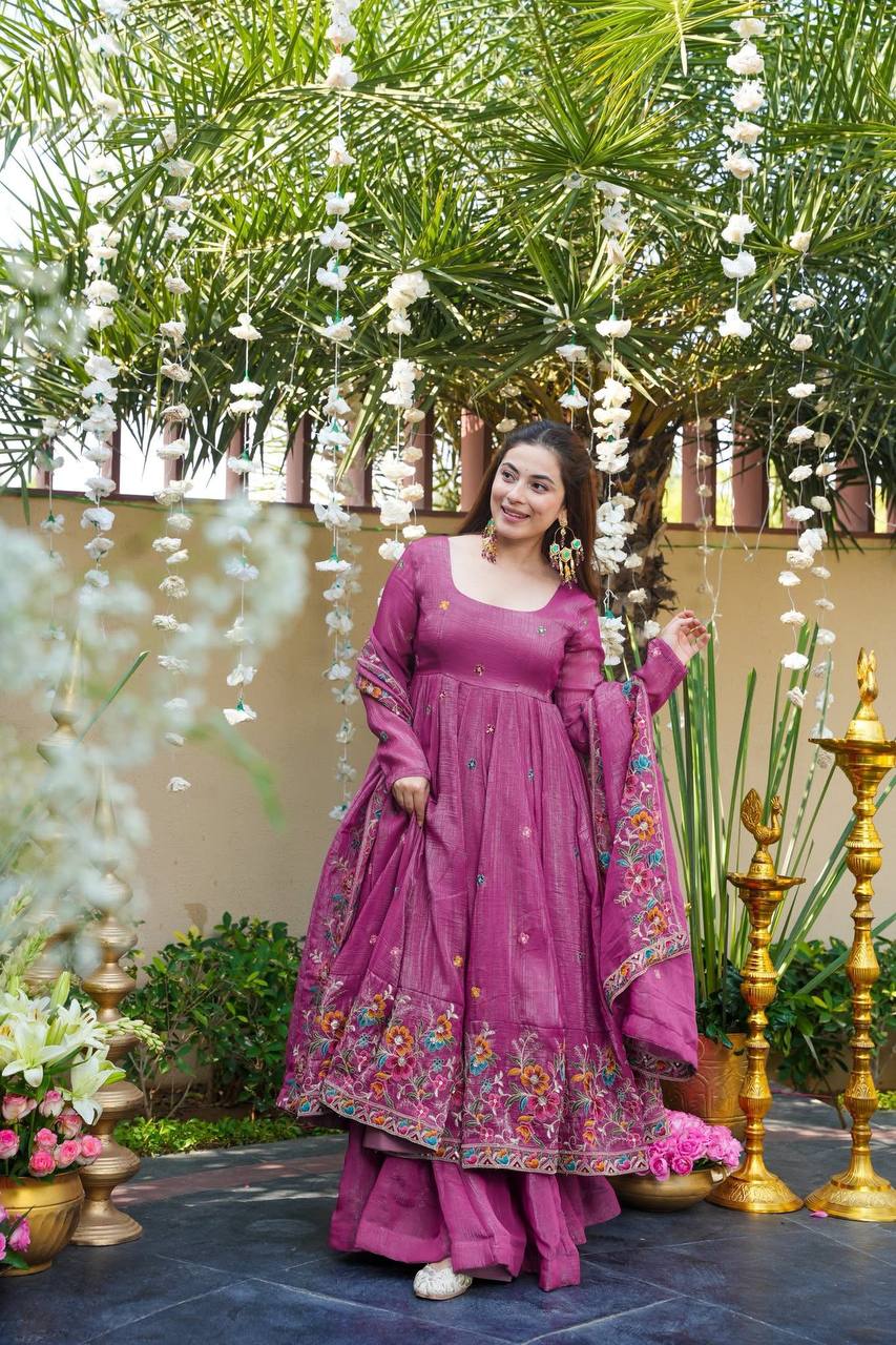 Rose Pink Designer Soft Crunchy Silk Embroidered Gown Set with Sequins Work & Matching Dupatta – Fully Stitched Festive & Party Wear ClothsVilla