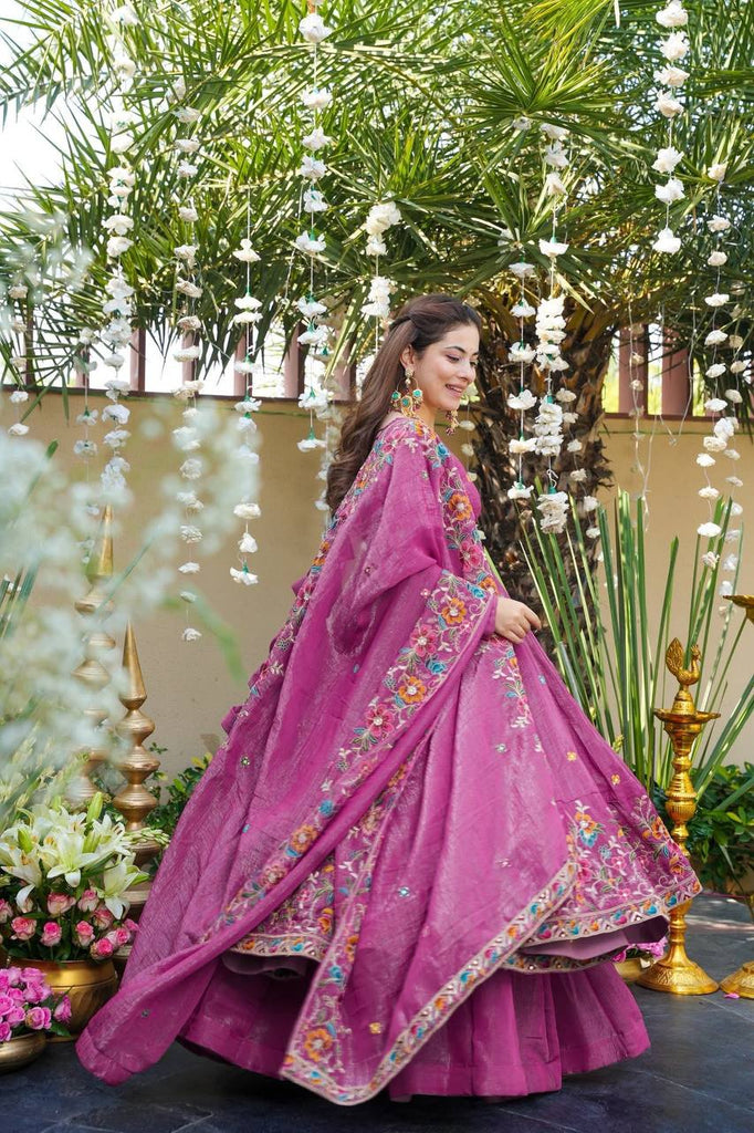 Rose Pink Designer Soft Crunchy Silk Embroidered Gown Set with Sequins Work & Matching Dupatta – Fully Stitched Festive & Party Wear ClothsVilla