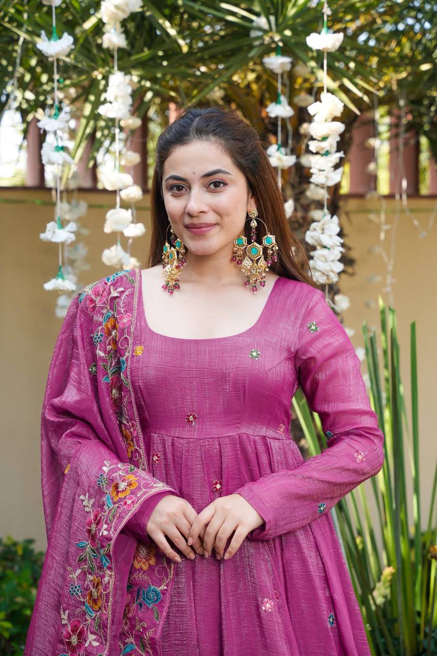 Rose Pink Designer Soft Crunchy Silk Embroidered Gown Set with Sequins Work & Matching Dupatta – Fully Stitched Festive & Party Wear ClothsVilla