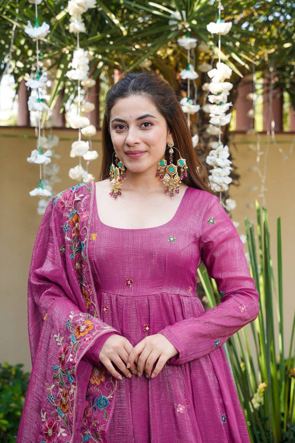 Rose Pink Designer Soft Crunchy Silk Embroidered Gown Set with Sequins Work & Matching Dupatta – Fully Stitched Festive & Party Wear ClothsVilla