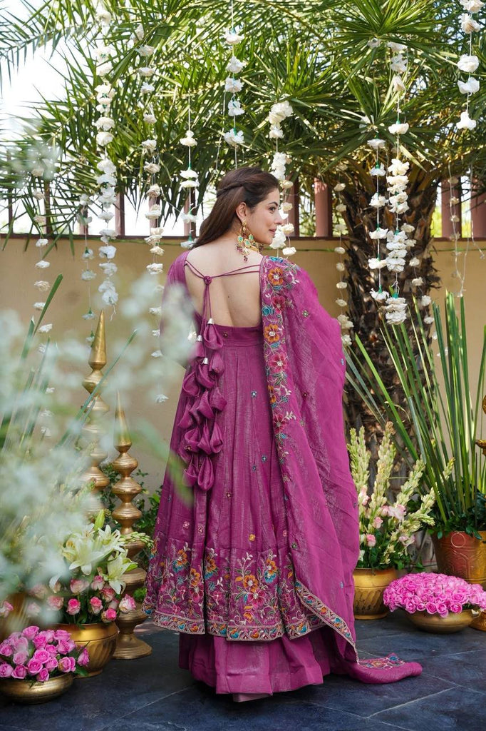 Rose Pink Designer Soft Crunchy Silk Embroidered Gown Set with Sequins Work & Matching Dupatta – Fully Stitched Festive & Party Wear ClothsVilla