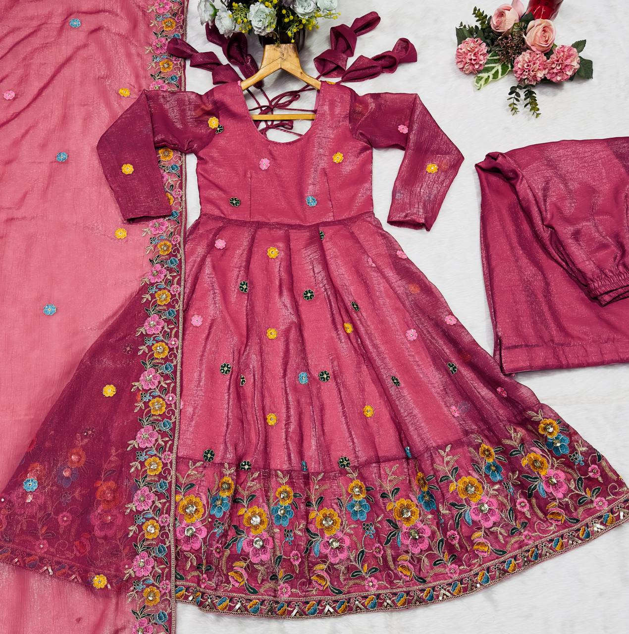 Rose Pink Designer Soft Crunchy Silk Embroidered Gown Set with Sequins Work & Matching Dupatta – Fully Stitched Festive & Party Wear ClothsVilla