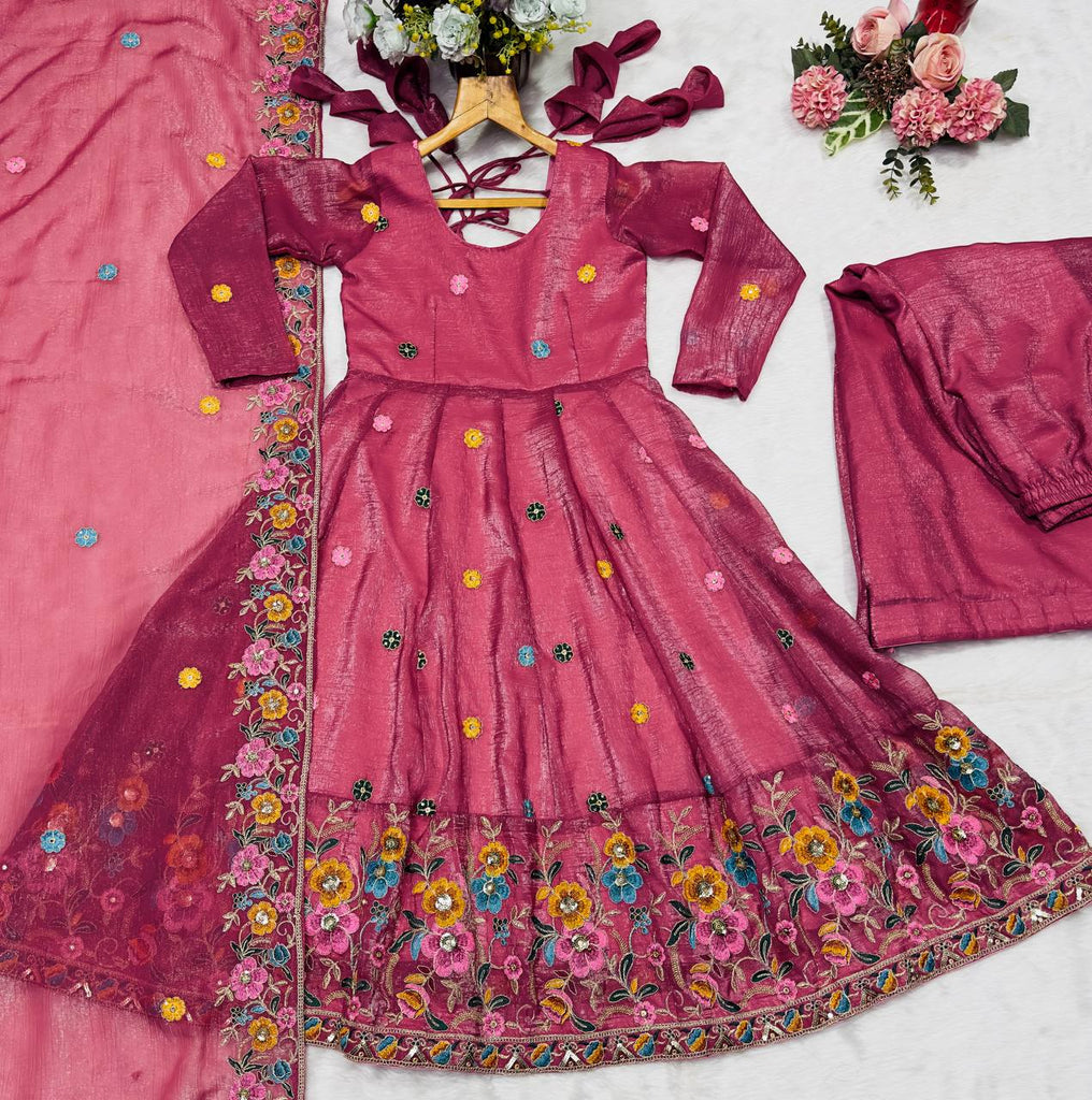 Rose Pink Designer Soft Crunchy Silk Embroidered Gown Set with Sequins Work & Matching Dupatta – Fully Stitched Festive & Party Wear ClothsVilla