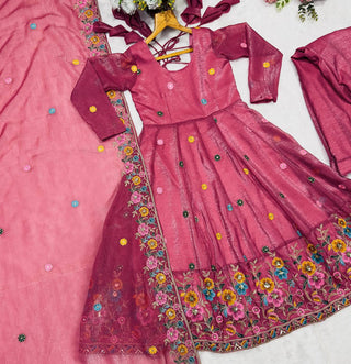 Rose Pink Designer Soft Crunchy Silk Embroidered Gown Set with Sequins Work & Matching Dupatta – Fully Stitched Festive & Party Wear ClothsVilla