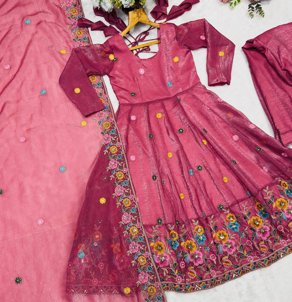 Rose Pink Designer Soft Crunchy Silk Embroidered Gown Set with Sequins Work & Matching Dupatta – Fully Stitched Festive & Party Wear ClothsVilla