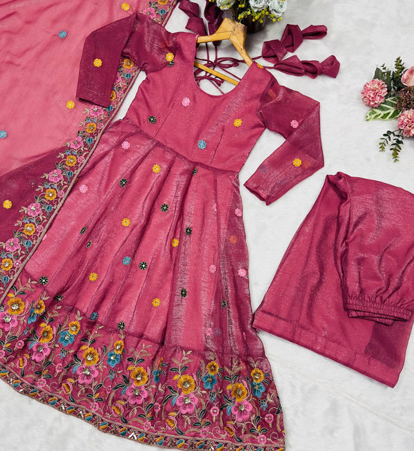 Rose Pink Designer Soft Crunchy Silk Embroidered Gown Set with Sequins Work & Matching Dupatta – Fully Stitched Festive & Party Wear ClothsVilla