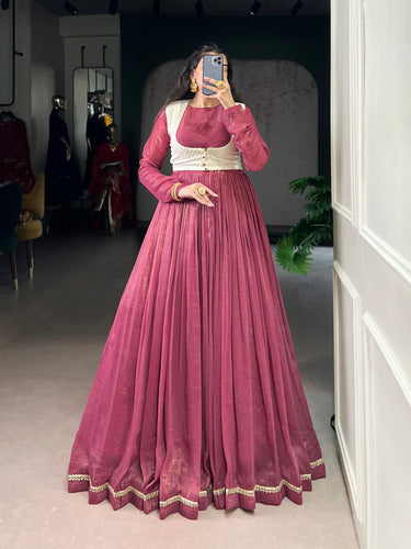 Rose Pink Elegant Silver Glossy Stitched Gown with Embroidered Georgette Koti – Lace & Sequin Detailing Clothsvilla
