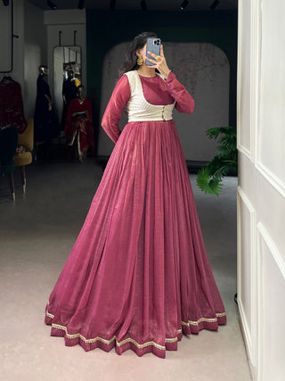 Rose Pink Elegant Silver Glossy Stitched Gown with Embroidered Georgette Koti – Lace & Sequin Detailing Clothsvilla