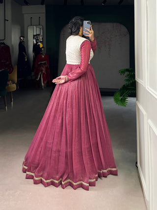 Rose Pink Elegant Silver Glossy Stitched Gown with Embroidered Georgette Koti – Lace & Sequin Detailing Clothsvilla