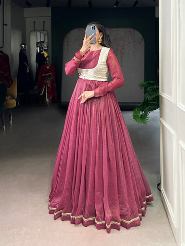 Rose Pink Elegant Silver Glossy Stitched Gown with Embroidered Georgette Koti – Lace & Sequin Detailing Clothsvilla