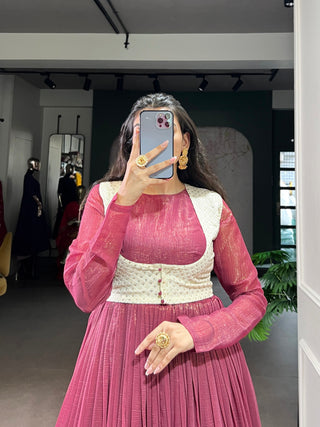 Rose Pink Elegant Silver Glossy Stitched Gown with Embroidered Georgette Koti – Lace & Sequin Detailing Clothsvilla