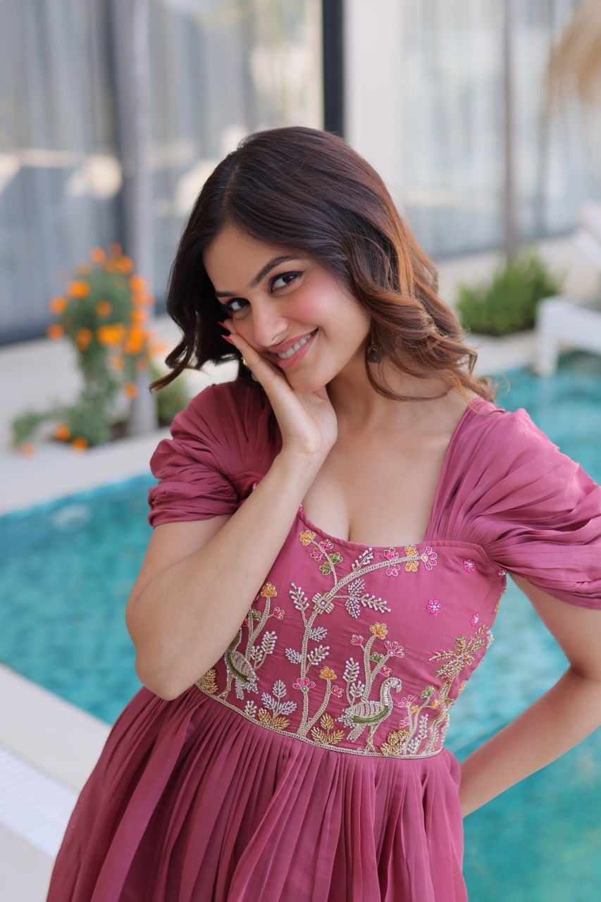 Rose Pink Gown with Cap Sleeves Clothsvilla