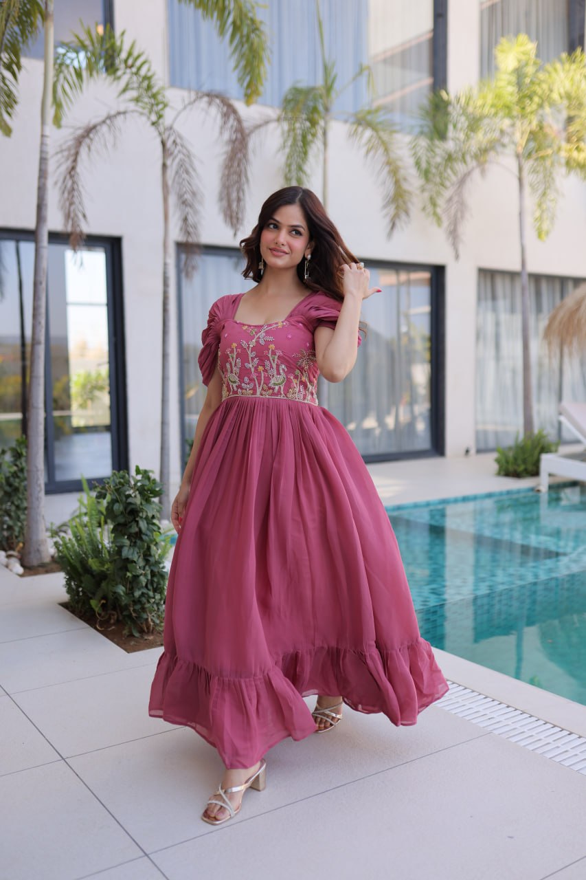 Rose Pink Gown with Cap Sleeves Clothsvilla