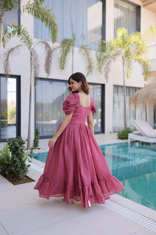 Rose Pink Gown with Cap Sleeves Clothsvilla