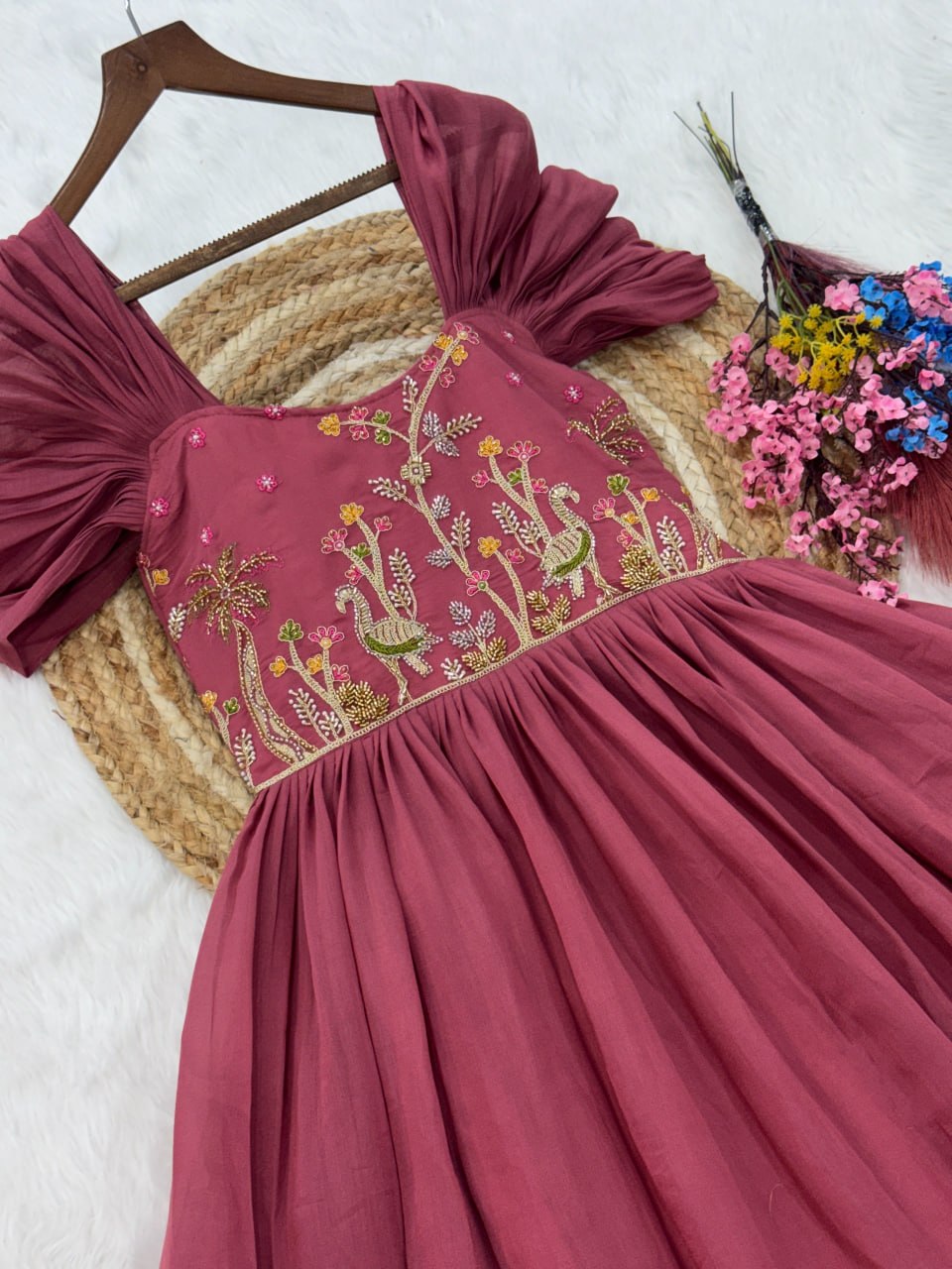 Rose Pink Gown with Cap Sleeves Clothsvilla