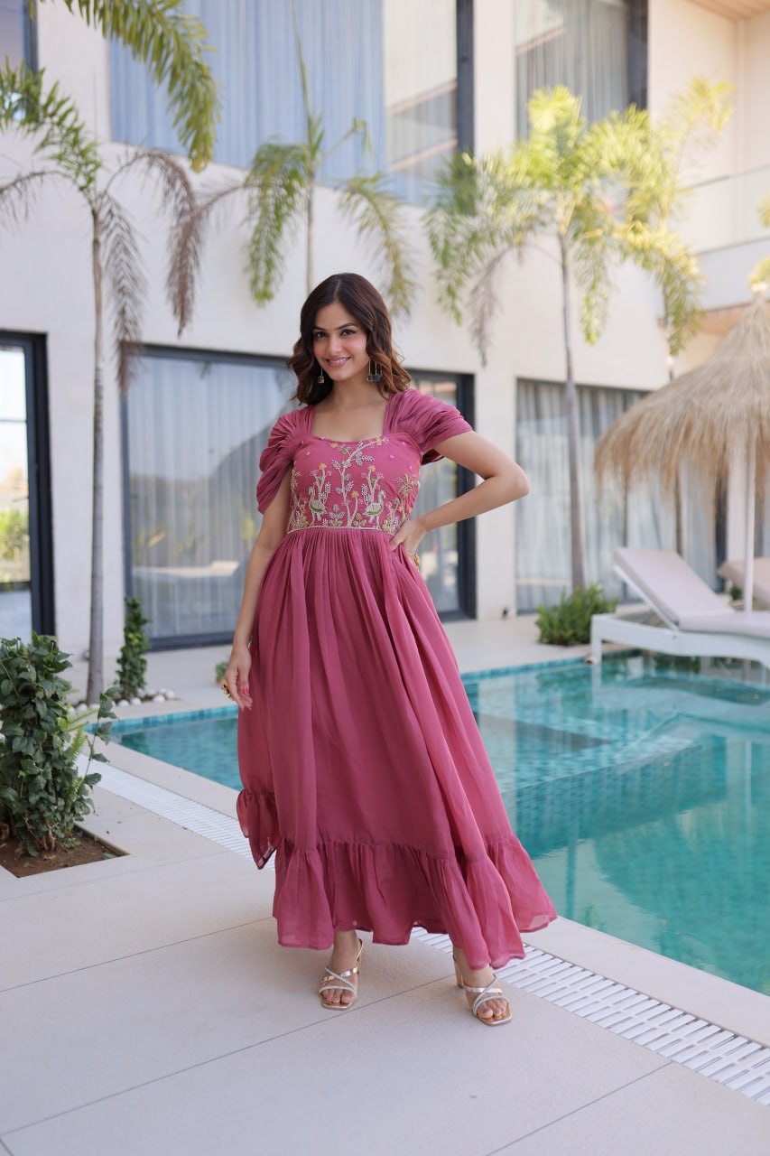 Rose Pink Gown with Cap Sleeves Clothsvilla