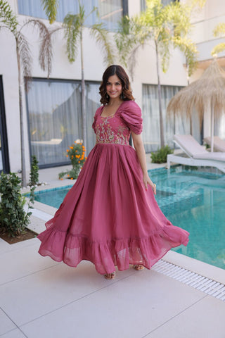 Rose Pink Gown with Cap Sleeves Clothsvilla