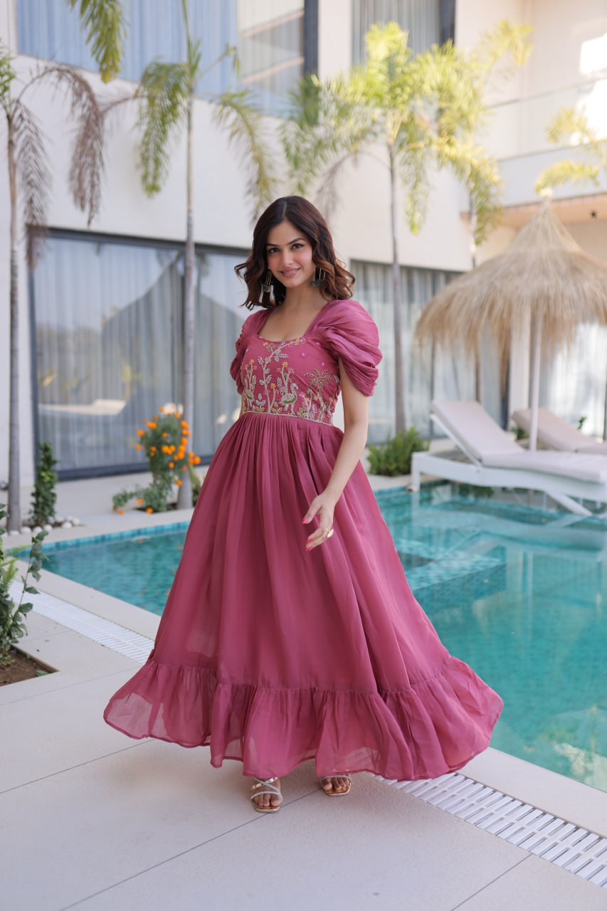 Rose Pink Gown with Cap Sleeves Clothsvilla