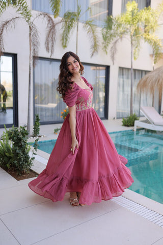 Rose Pink Gown with Cap Sleeves Clothsvilla