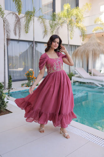 Rose Pink Gown with Cap Sleeves Clothsvilla