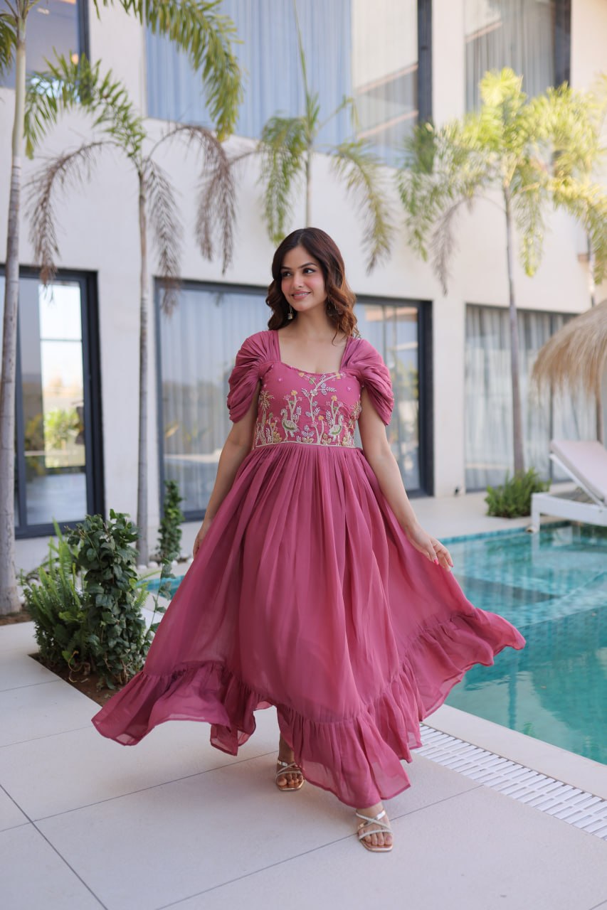 Rose Pink Gown with Cap Sleeves Clothsvilla