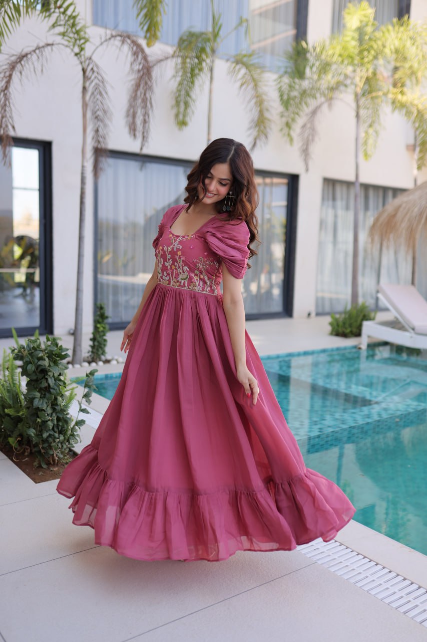 Rose Pink Gown with Cap Sleeves Clothsvilla