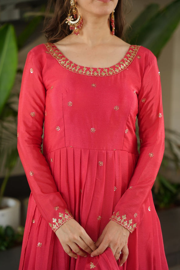 Rose Pink Graceful Chinnon Embroidered Gown Set with Designer Dupatta Clothsvilla