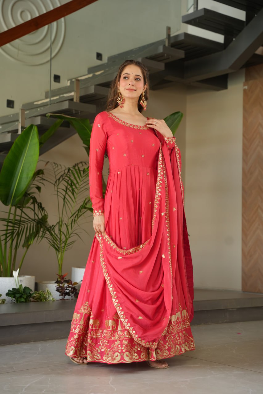 Rose Pink Graceful Chinnon Embroidered Gown Set with Designer Dupatta Clothsvilla