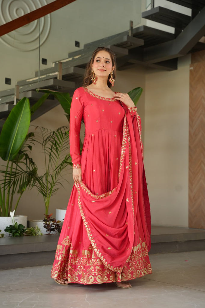 Rose Pink Graceful Chinnon Embroidered Gown Set with Designer Dupatta Clothsvilla