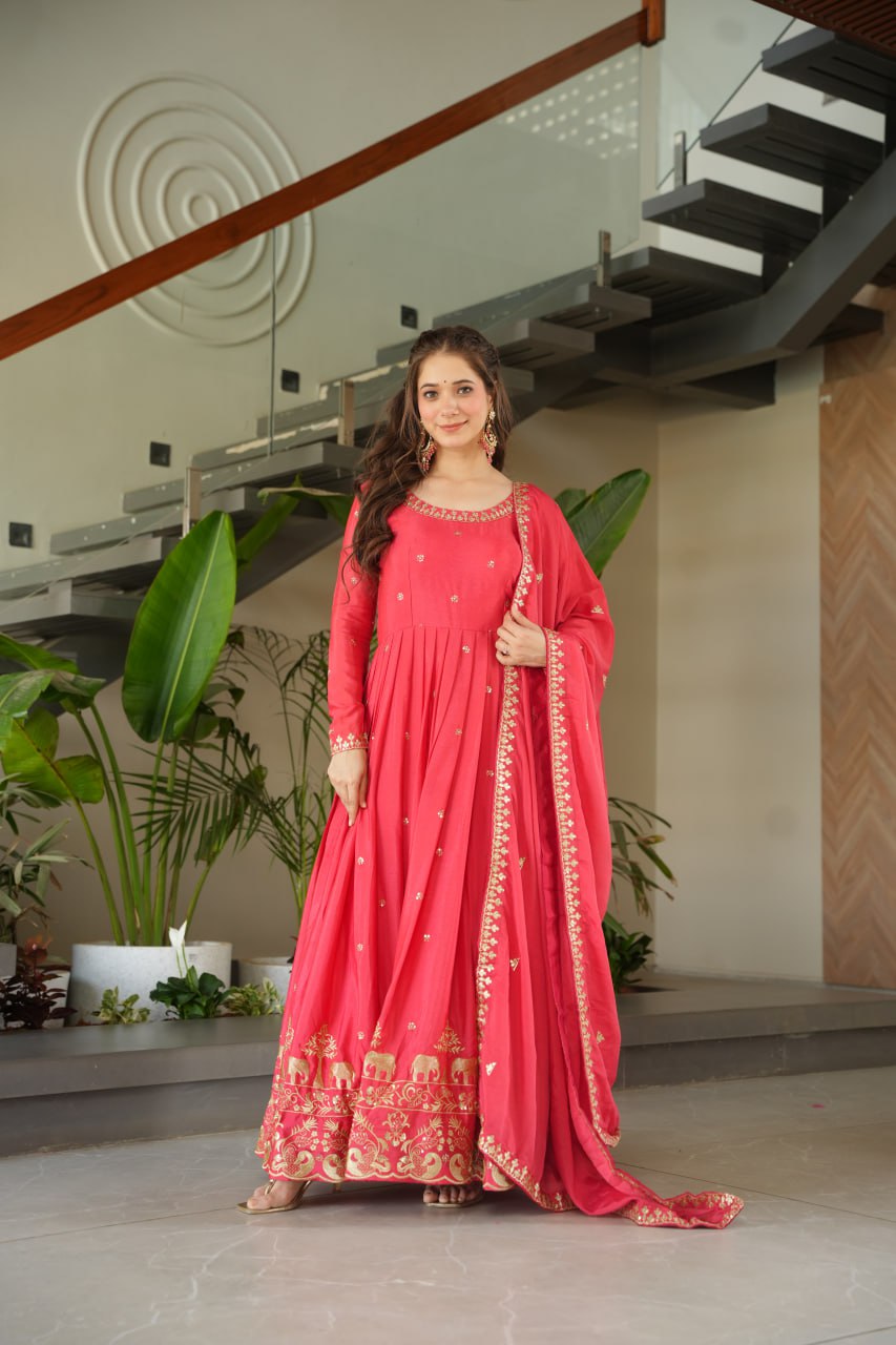 Rose Pink Graceful Chinnon Embroidered Gown Set with Designer Dupatta Clothsvilla