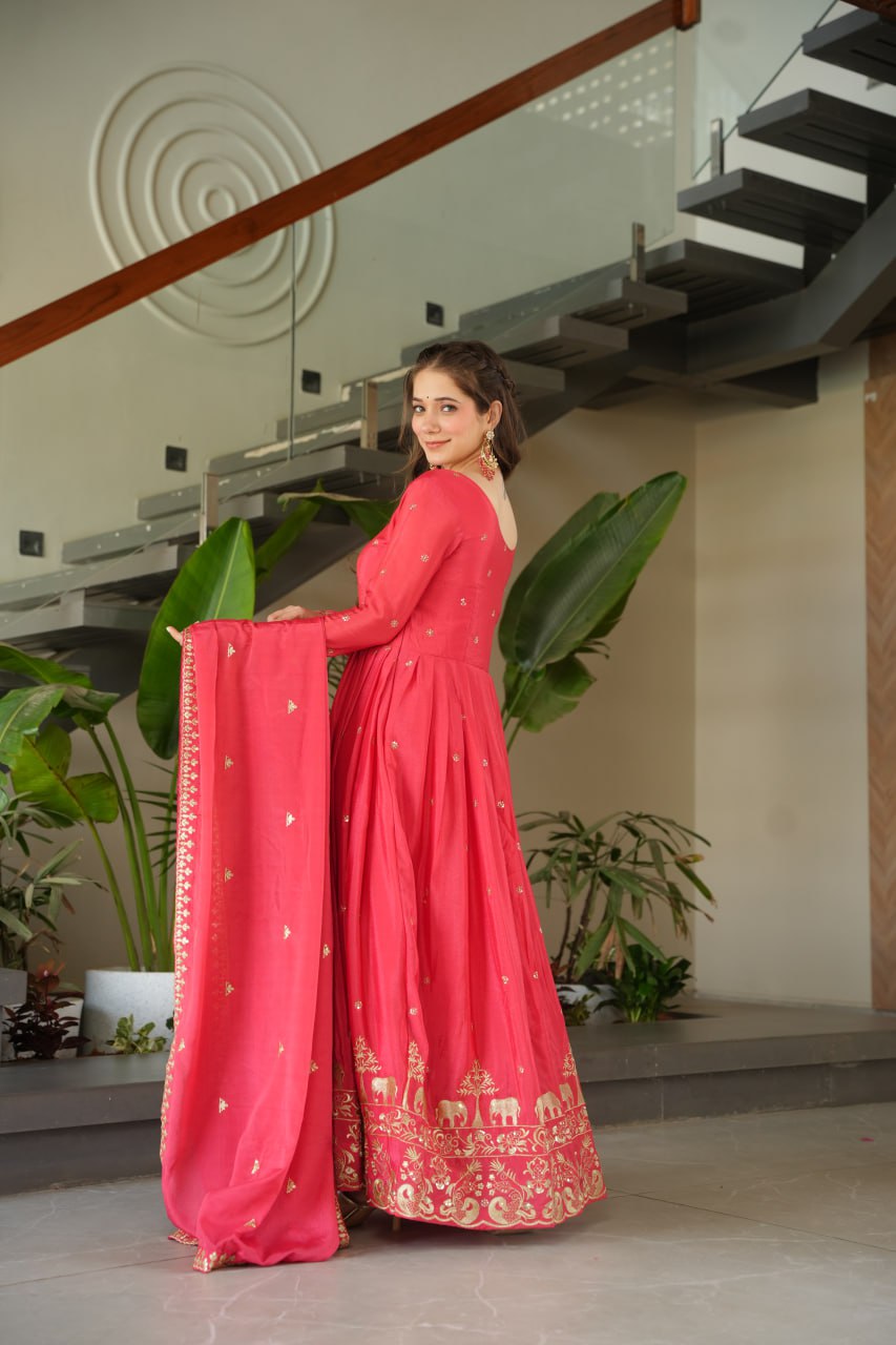 Rose Pink Graceful Chinnon Embroidered Gown Set with Designer Dupatta Clothsvilla