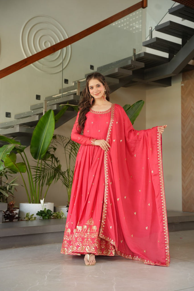 Rose Pink Graceful Chinnon Embroidered Gown Set with Designer Dupatta Clothsvilla