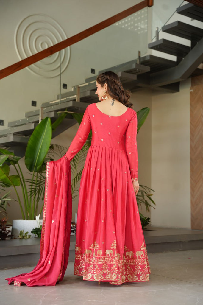Rose Pink Graceful Chinnon Embroidered Gown Set with Designer Dupatta Clothsvilla