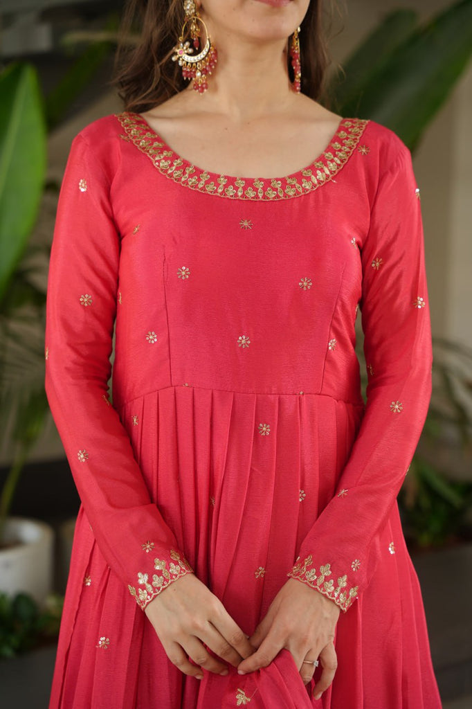 Rose Pink Graceful Chinnon Embroidered Gown Set with Designer Dupatta Clothsvilla