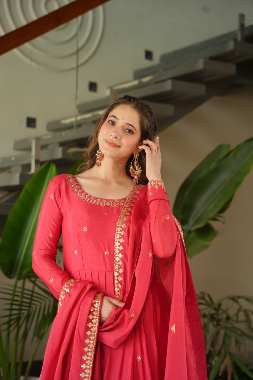 Rose Pink Graceful Chinnon Embroidered Gown Set with Designer Dupatta Clothsvilla
