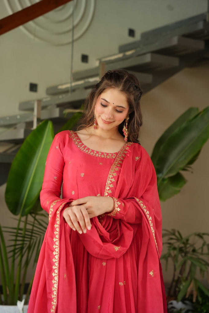Rose Pink Graceful Chinnon Embroidered Gown Set with Designer Dupatta Clothsvilla