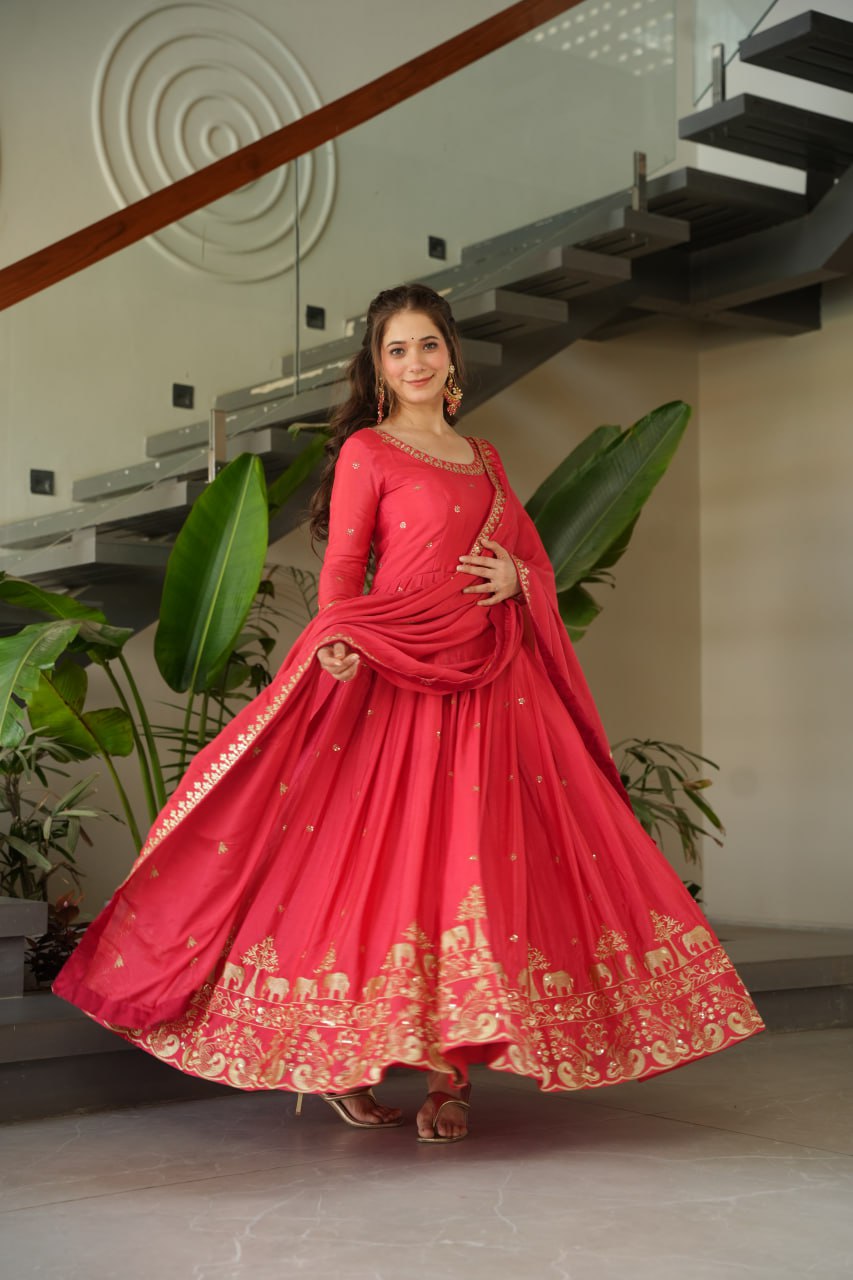 Rose Pink Graceful Chinnon Embroidered Gown Set with Designer Dupatta Clothsvilla