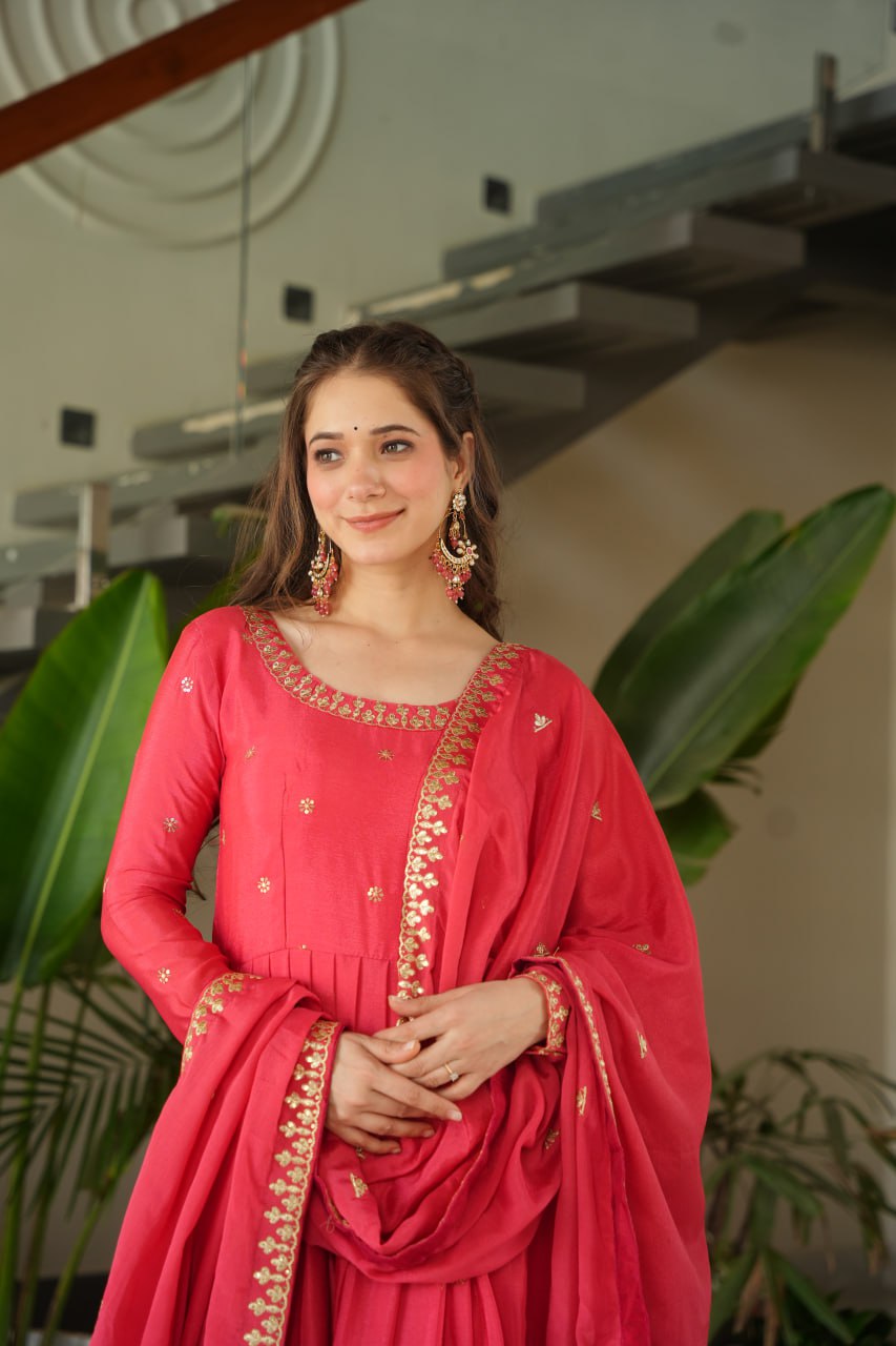 Rose Pink Graceful Chinnon Embroidered Gown Set with Designer Dupatta Clothsvilla