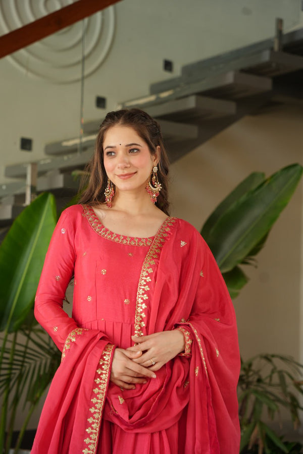 Rose Pink Graceful Chinnon Embroidered Gown Set with Designer Dupatta Clothsvilla